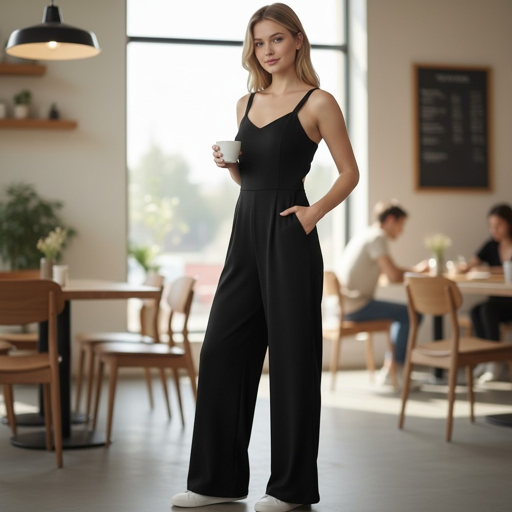 Rachel Roy Jumpsuit Women Large Black‎ Sleeveless Cutout Wide Leg Formal